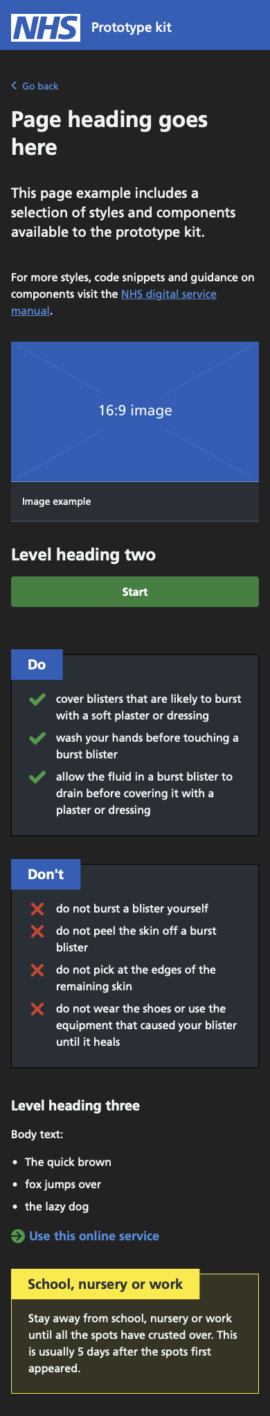 Example mobile page with many dark mode elements