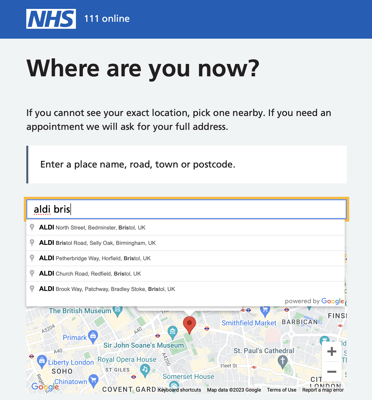 Using the Google Places API for people to tell us where they are if a postcode is not available