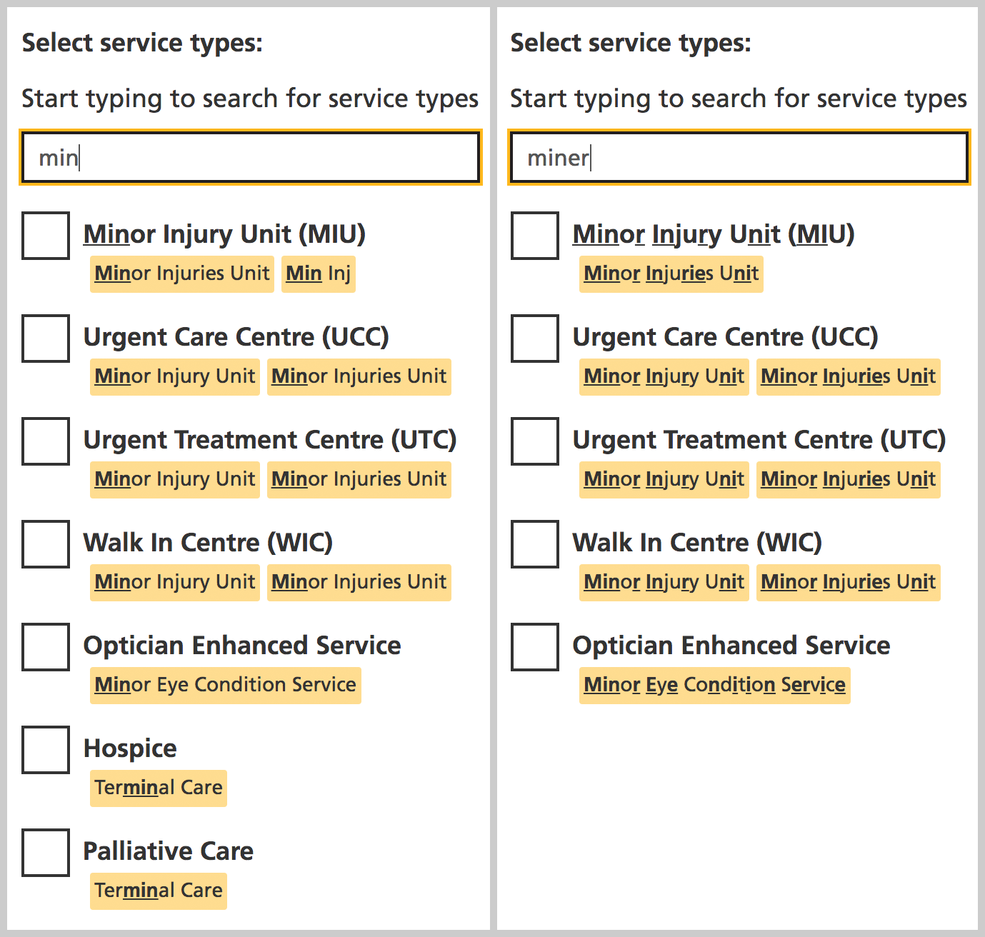 service type selection